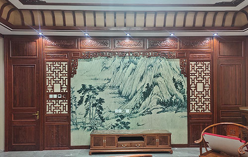 鄢陵中式仿古别墅客厅背景墙花格木作装饰